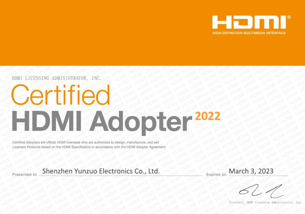 2022-2023 SHENZHEN-YUNZUO-ELECTRONICS-CO-LTD-HDMI Adopter Certificate