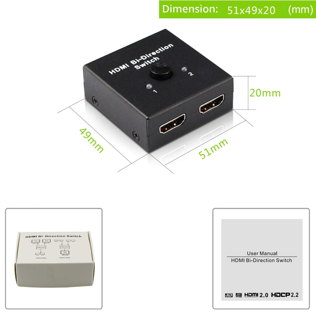 2x1 or 1x2 HDMI Bi-Directional Switch HDMI2.0 HDCP2.2 4K@60Hz